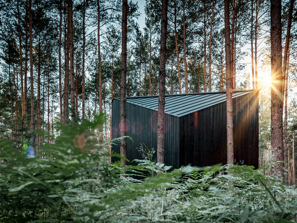 La maison de vacances "Boroteka" se démarque avec une façade en bois foncé et un toit PREFA noir.