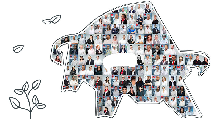 Logo du taureau PREFA mis en œuvre avec des portraits d'employés PREFA - symbolise les valeurs et les objectifs de PREFA Aluminium Products GmbH