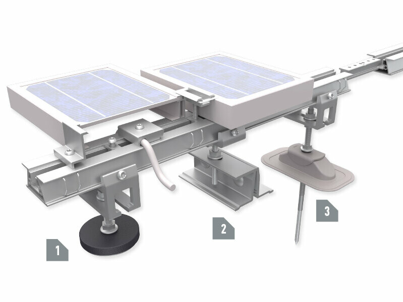Rail profilé PREFA pour le montage de centrales photovoltaïques sur toitures PREFA, avec les supports Vario, Prefalz Vario et Sunny