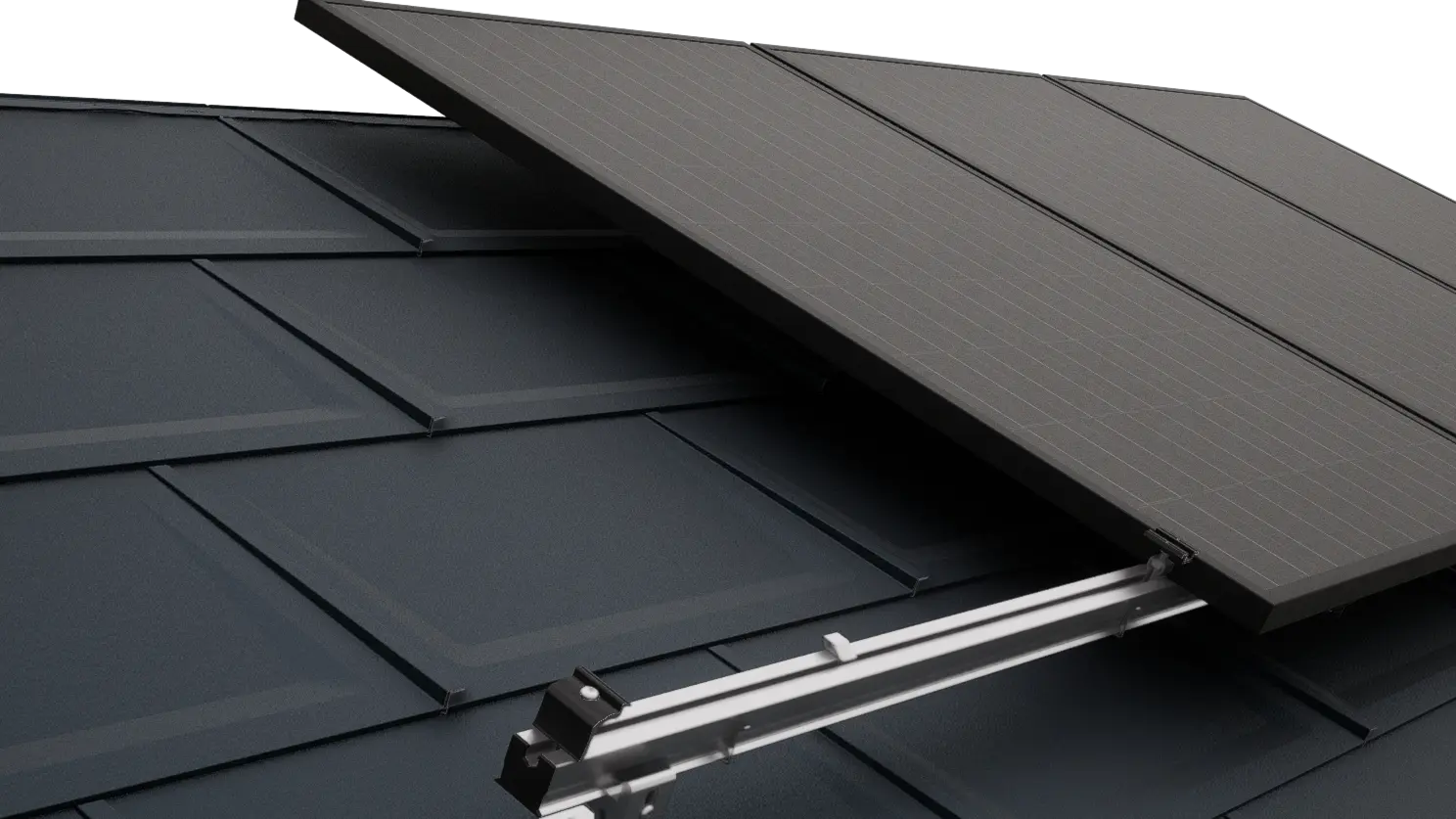 Gros plan sur une toiture PREFA équipée de modules photovoltaïques fixés à l'aide des accessoires PREVARIO pour panneaux solaires.