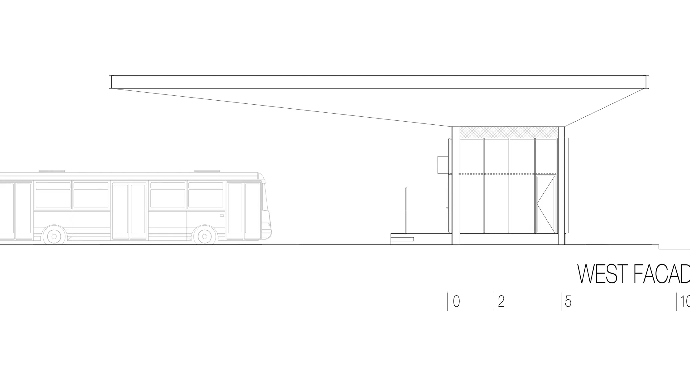 Cette esquisse montre la vue ouest de du hall de la gare routière « Autobusni Kolodvor Slavonski Brod » en Croatie. L'illustration met en évidence le long toit Prefalz blanc horizontal de PREFA, en surplomb. À droite de l'esquisse, se trouve un bâtiment rectangulaire aux grandes surfaces vitrées et aux lignes épurées. À gauche, un bus, donne les proportions du hall de gare à l'échelle d'un véhicule. La vue ouest met en évidence l'architecture moderne et fonctionnelle du hall de gare, auquel la combinaison verre et aluminium confère une atmosphère lumineuse et accueillante.