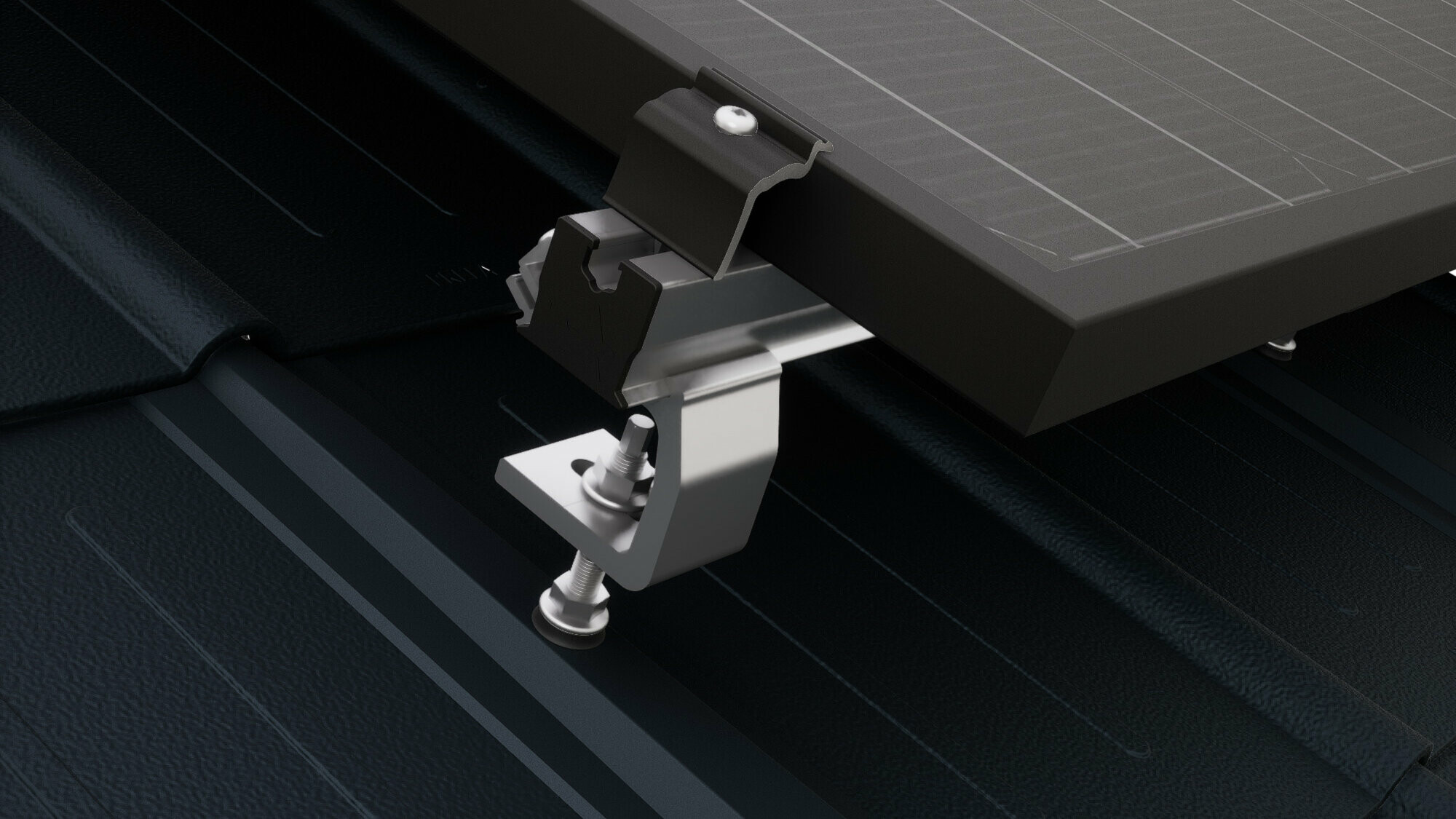 Gros plan du support solaire PREVARIO Sunny Spécial, monté sur la tuile PREFA qui supporte le rail de support. Le module solaire a été fixé au rail de support à l'aide de la borne de fin PREVARIO.