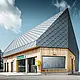 Gare d’arrivée du téléphérique du Rigi Scheidegg à Goldau, en Suisse. La toiture et une partie de la façade ont été recouvertes de losanges de toiture et de façade 44 × 44 en P.10 gris pierre.