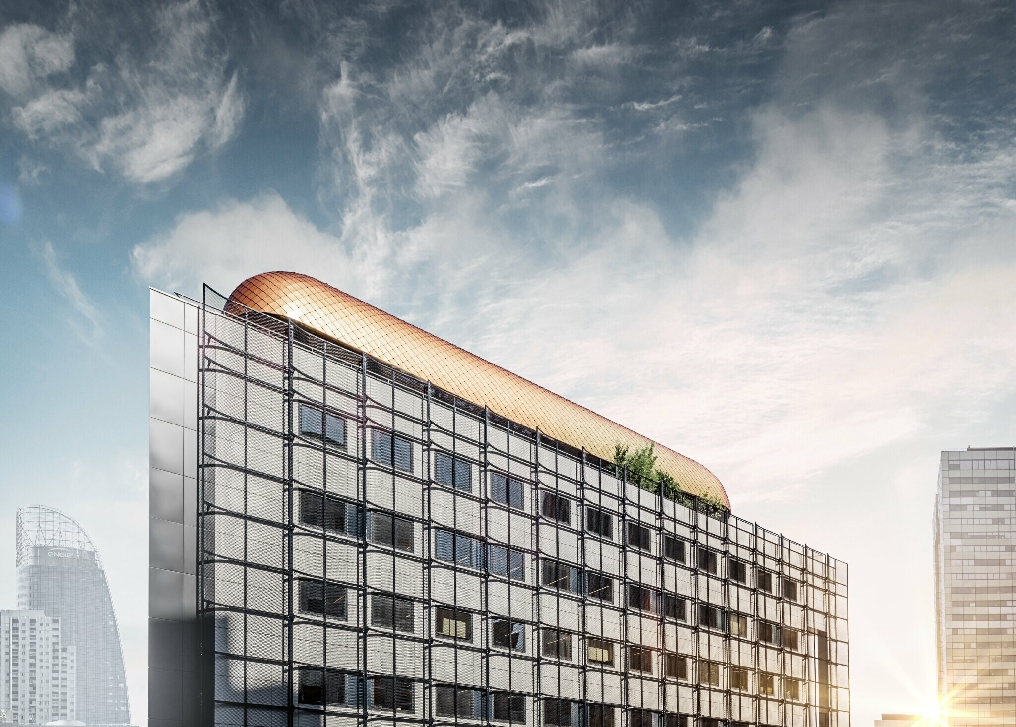 Bâtiment administratif Blackpearl à Paris avec une nouvelle structure recouverte du losange de toiture 29 × 29 PREFA cuivré