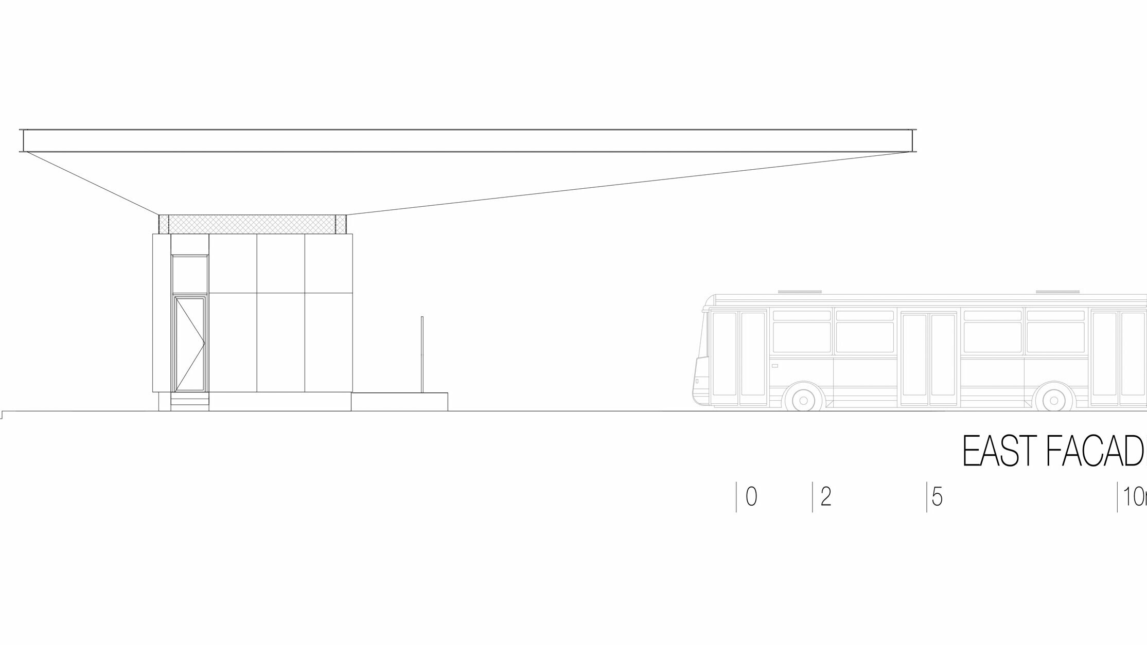 Cette esquisse montre la vue est du hall de la gare routière « Autobusni Kolodvor Slavonski Brod » en Croatie. Cette illustration met en évidence la structure élancée et horizontale du toit Prefalz blanc de PREFA, qui s'étire sur toute la longueur du bâtiment. Le toit abrite un corps de bâtiment rectangulaire aux lignes épurées avec de grandes surfaces vitrées. Un bus, à droite de l'esquisse, montre les proportions du hall de gare à l'échelle d'un véhicule. La vue est met en valeur l'architecture moderne et fonctionnelle du hall de gare, auquel le verre et de l'aluminium confèrent une atmosphère lumineuse et accueillante.