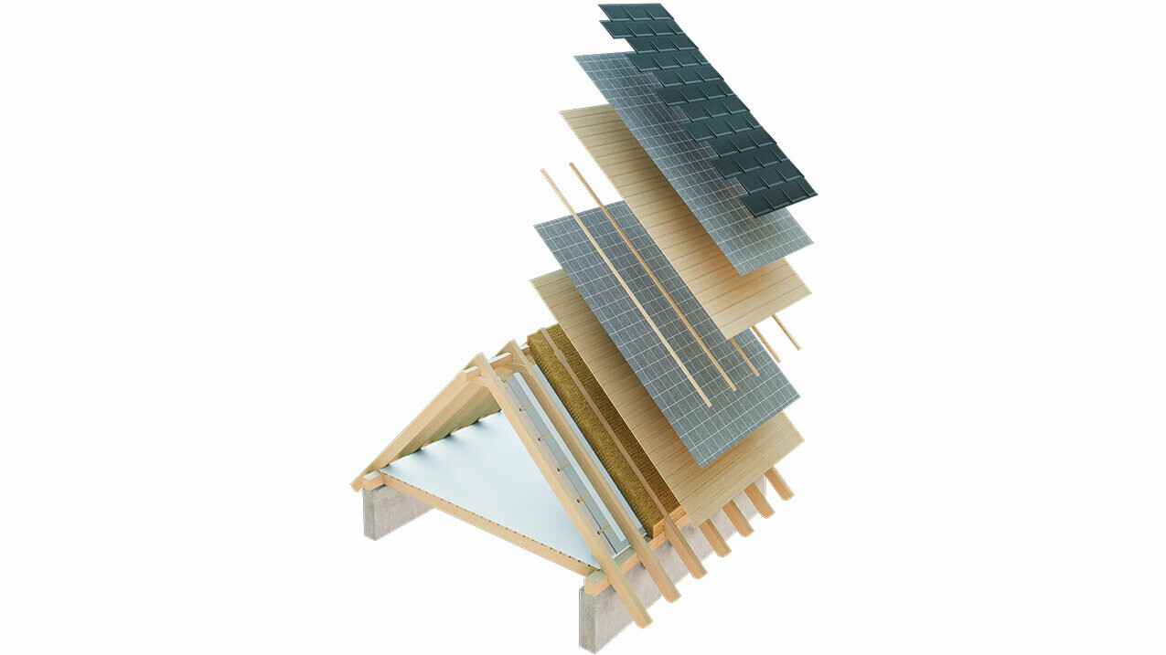 Présentation technique de la construction d’une toiture froide, construction de toit à peaux multiples avec lattage, voligeage intégral, couche de séparation, charpente ; combles pouvant servir d’espace d’habitation ; construction d’un toit double peau, construction de toit ventilée ; contre-lattage
