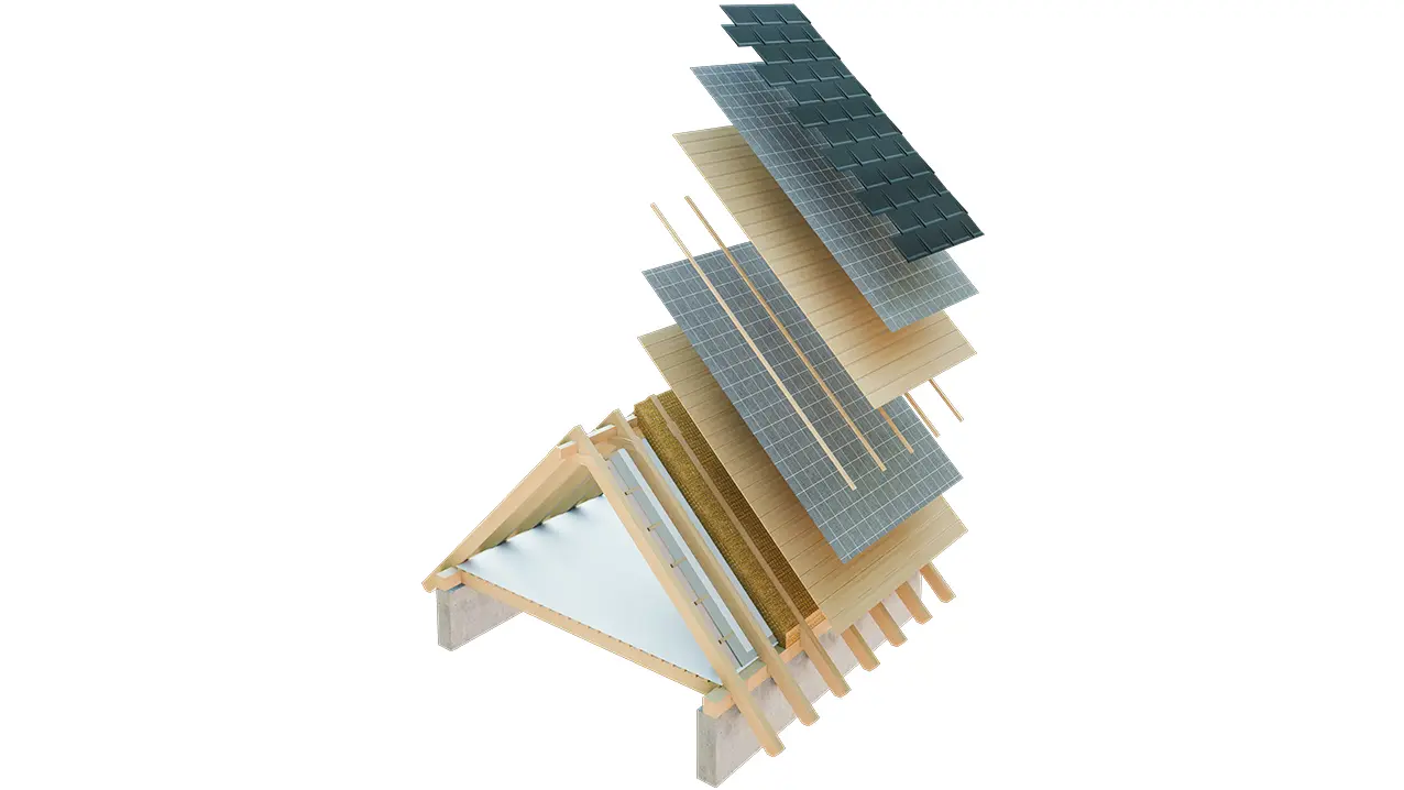 Présentation technique de la construction d’une toiture froide, construction de toit à peaux multiples avec lattage, voligeage intégral, couche de séparation, charpente ; combles pouvant servir d’espace d’habitation ; construction d’un toit double peau, construction de toit ventilée ; contre-lattage