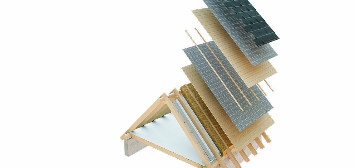 Présentation technique de la construction d’une toiture froide, construction de toit à peaux multiples avec lattage, voligeage intégral, couche de séparation, charpente ; combles pouvant servir d’espace d’habitation ; construction d’un toit double peau, construction de toit ventilée ; contre-lattage