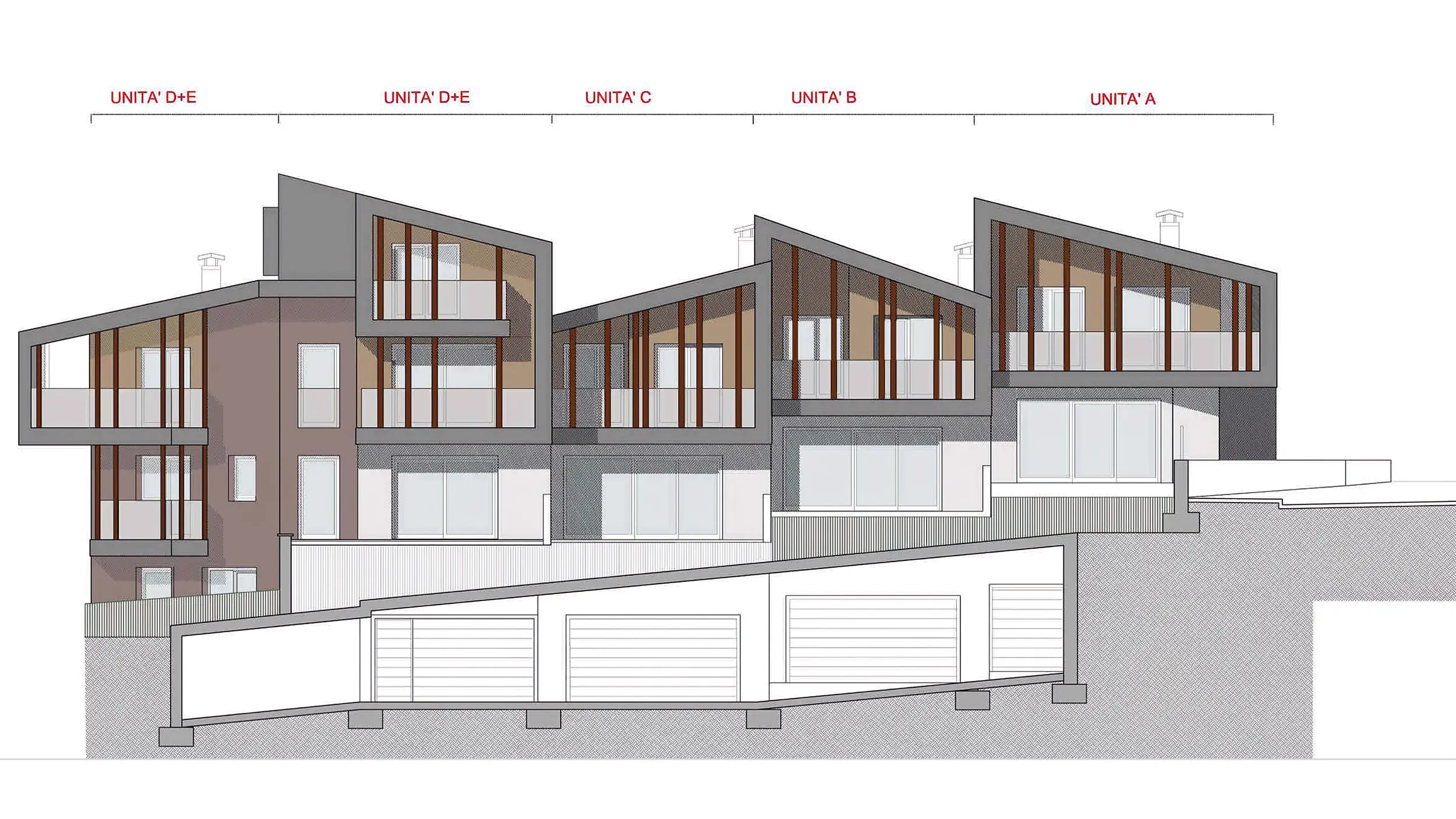 Dessin architectural de cinq logements reliés les uns aux autres, avec des toits inclinés Prefalz couleur anthracite, de larges fenêtres à châssis en bois et des éléments de façade de taille différente, organisés selon une conception en escaliers qui s’intègre parfaitement dans la topographie environnante.