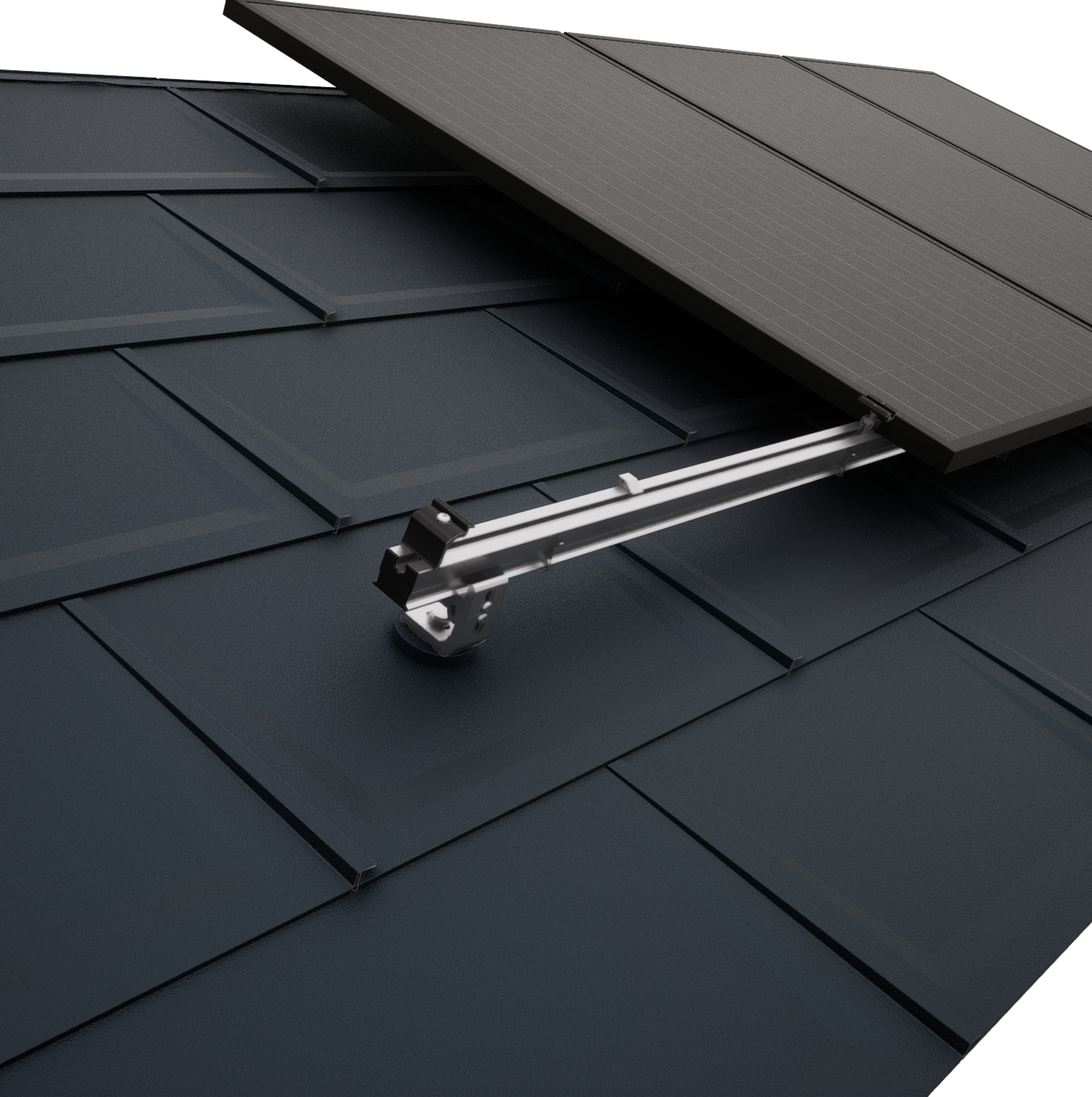 Gros plan sur une toiture PREFA équipée de modules photovoltaïques fixés à l'aide des accessoires PREVARIO pour panneaux solaires.