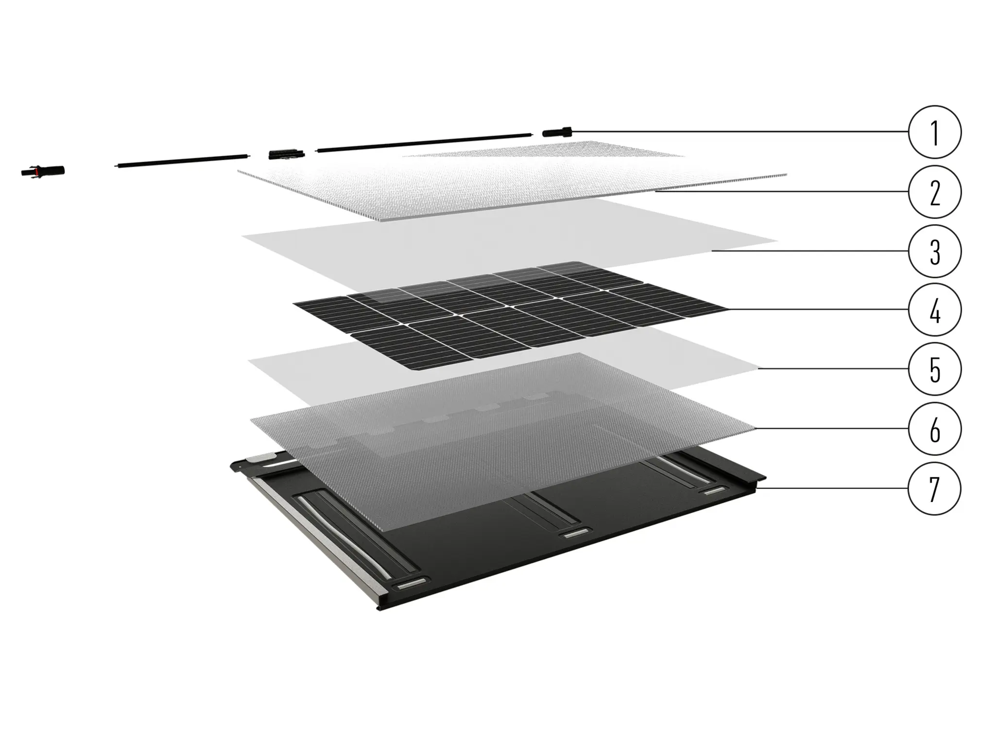 Structure en couches de la tuile solaire PREFA avec prise PV, verre solaire prismatique, matériau d’encapsulation, cellule photovoltaïque, matériau d’encapsulation, feuille arrière et tuile en aluminium