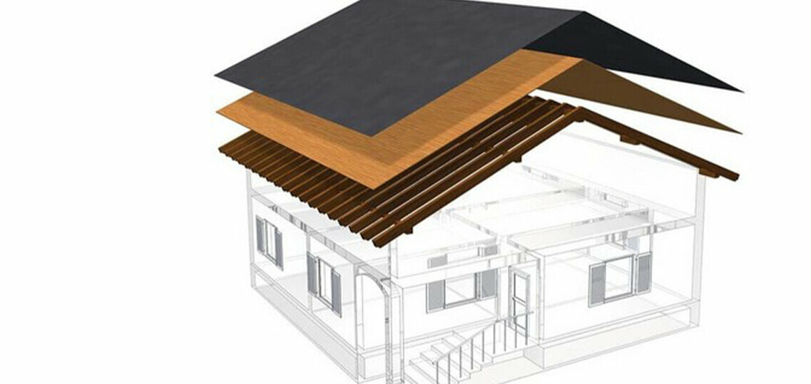 PREFA Illustration technique de la construction d’un toit simple peau - les combles ne peuvent pas servir d’espace d’habitation, car ils servent de lame d’air au toit à couverture métallique ; voligeage intégral et couche de séparation sans lattage ; toiture chaude