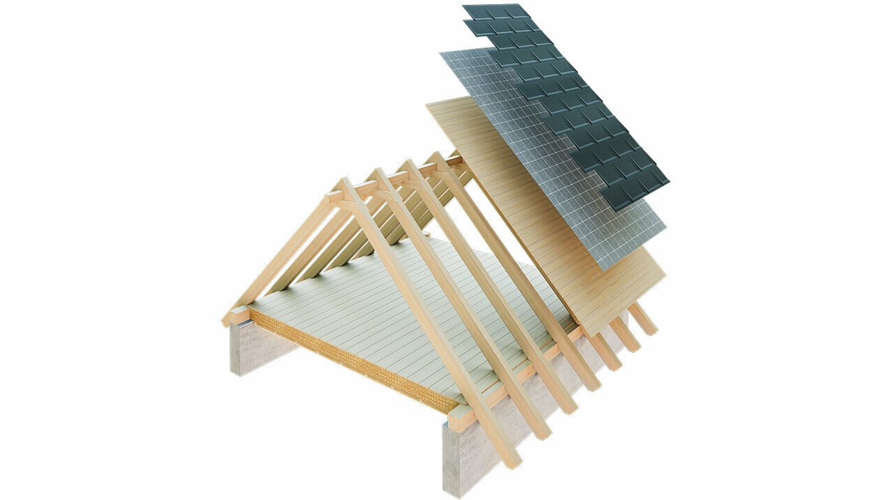 PREFA Illustration technique de la construction d’un toit simple peau - les combles ne peuvent pas servir d’espace d’habitation, car ils servent de lame d’air au toit à couverture métallique ; voligeage intégral et couche de séparation sans lattage ; toiture chaude