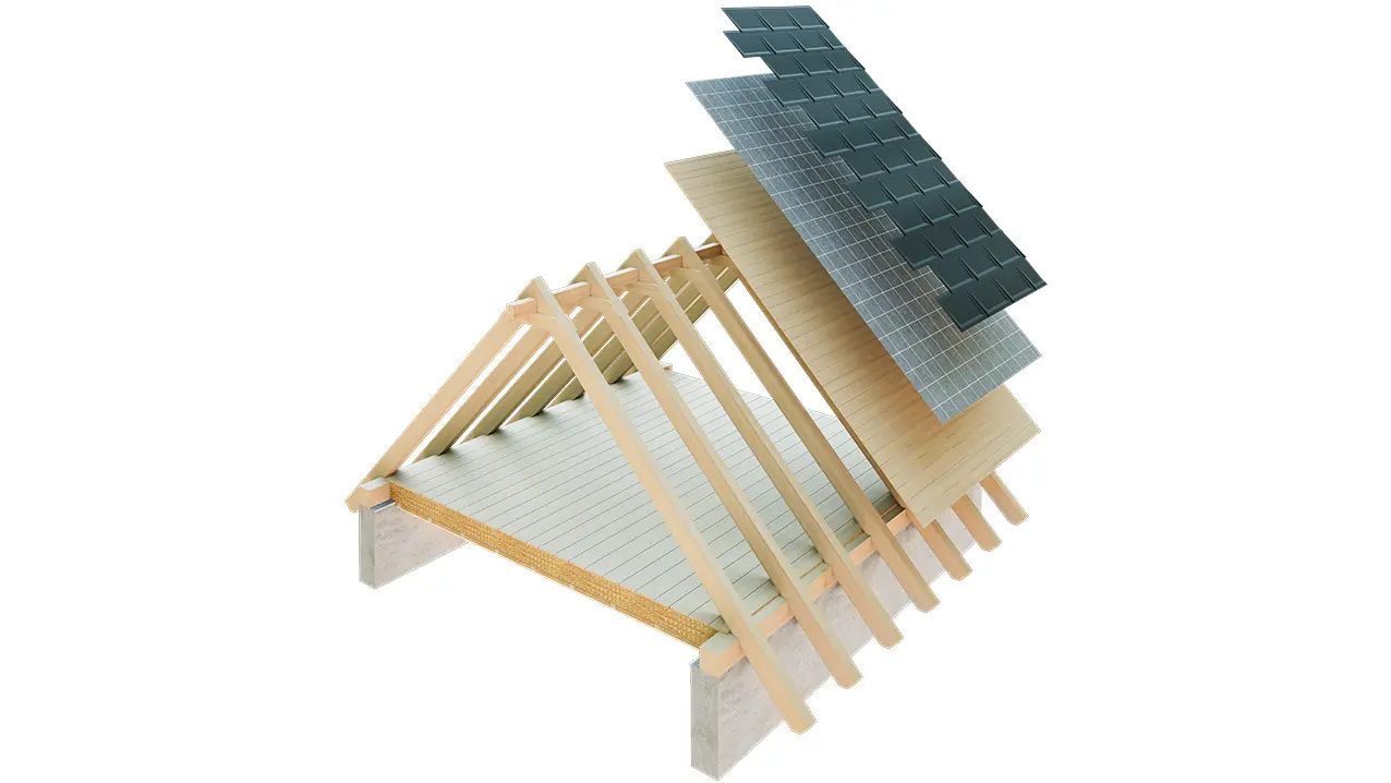 PREFA Illustration technique de la construction d’un toit simple peau - les combles ne peuvent pas servir d’espace d’habitation, car ils servent de lame d’air au toit à couverture métallique ; voligeage intégral et couche de séparation sans lattage ; toiture chaude