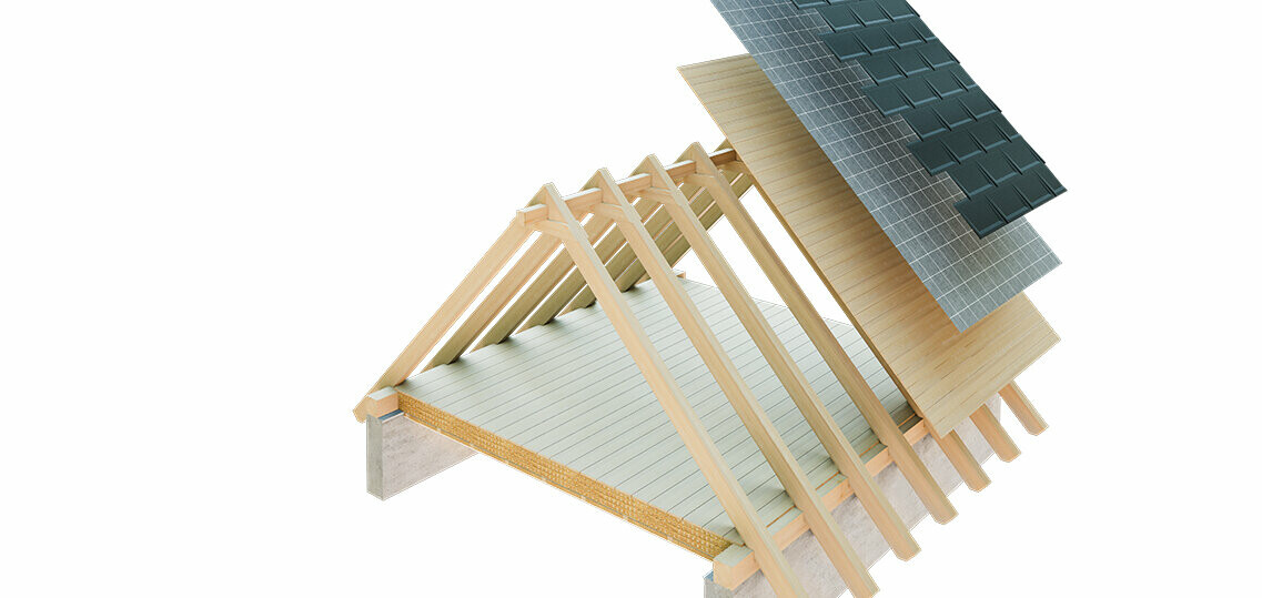 PREFA Illustration technique de la construction d’un toit simple peau - les combles ne peuvent pas servir d’espace d’habitation, car ils servent de lame d’air au toit à couverture métallique ; voligeage intégral et couche de séparation sans lattage ; toiture chaude