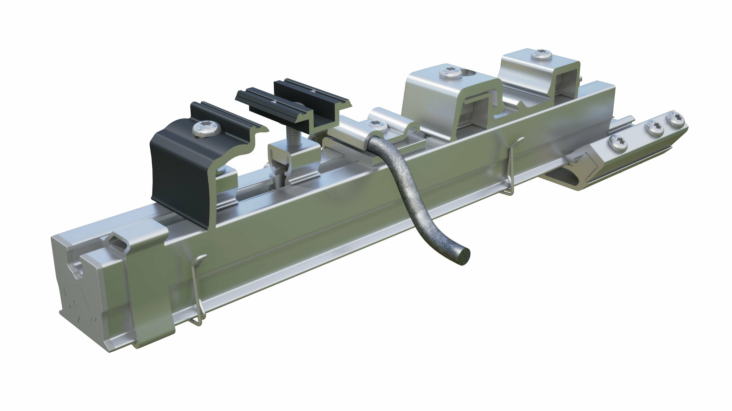 Übersicht der PREVARIO Zubehörteile bestehend aus der PREFA Profilschiene inkl. Schienenendkappe, Mittel- und Endklemmen sowie Schienenverbinder, Kreuz- und Erdungsklemmen.