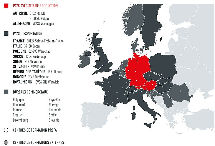 Légende : la carte de l’Europe montre les sites de production PREFA, les pays, les filiales commerciales et les centres de formation
