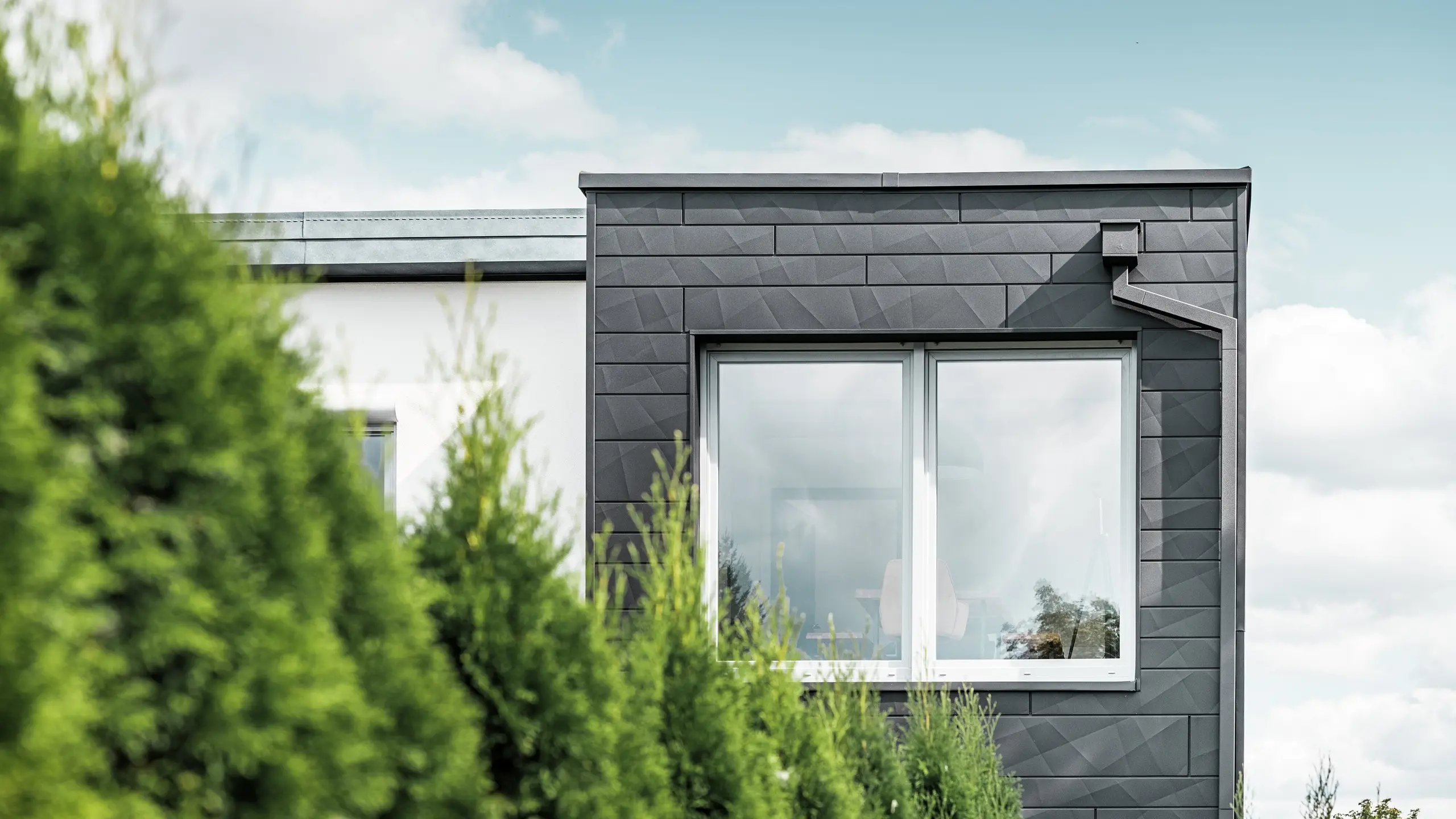 Les panneaux de façade Siding.X PREFA, de couleur P.10 noir, à la structure claire, ornent le mur extérieur d'une maison individuelle à Teuschnitz et lui confèrent un aspect unique. Le système d'évacuation des eaux pluviales PREFA, composé d'un tuyau carré et d'une boîte à eau, s'intègre parfaitement au design. Les thuyas verts au premier plan contrastent avec la façade métallique sombre.
