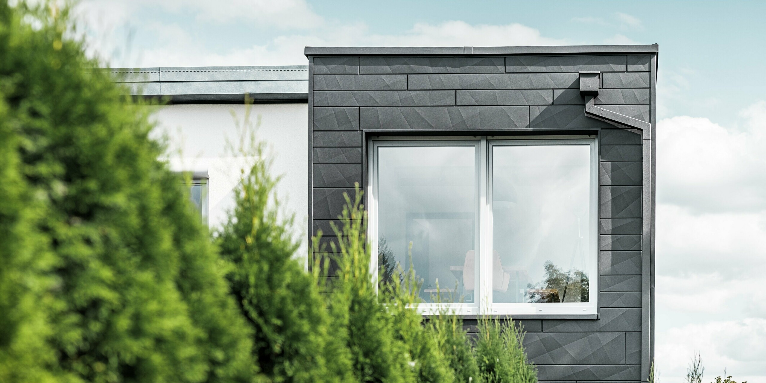 Les panneaux de façade Siding.X PREFA, de couleur P.10 noir, à la structure claire, ornent le mur extérieur d'une maison individuelle à Teuschnitz et lui confèrent un aspect unique. Le système d'évacuation des eaux pluviales PREFA, composé d'un tuyau carré et d'une boîte à eau, s'intègre parfaitement au design. Les thuyas verts au premier plan contrastent avec la façade métallique sombre.