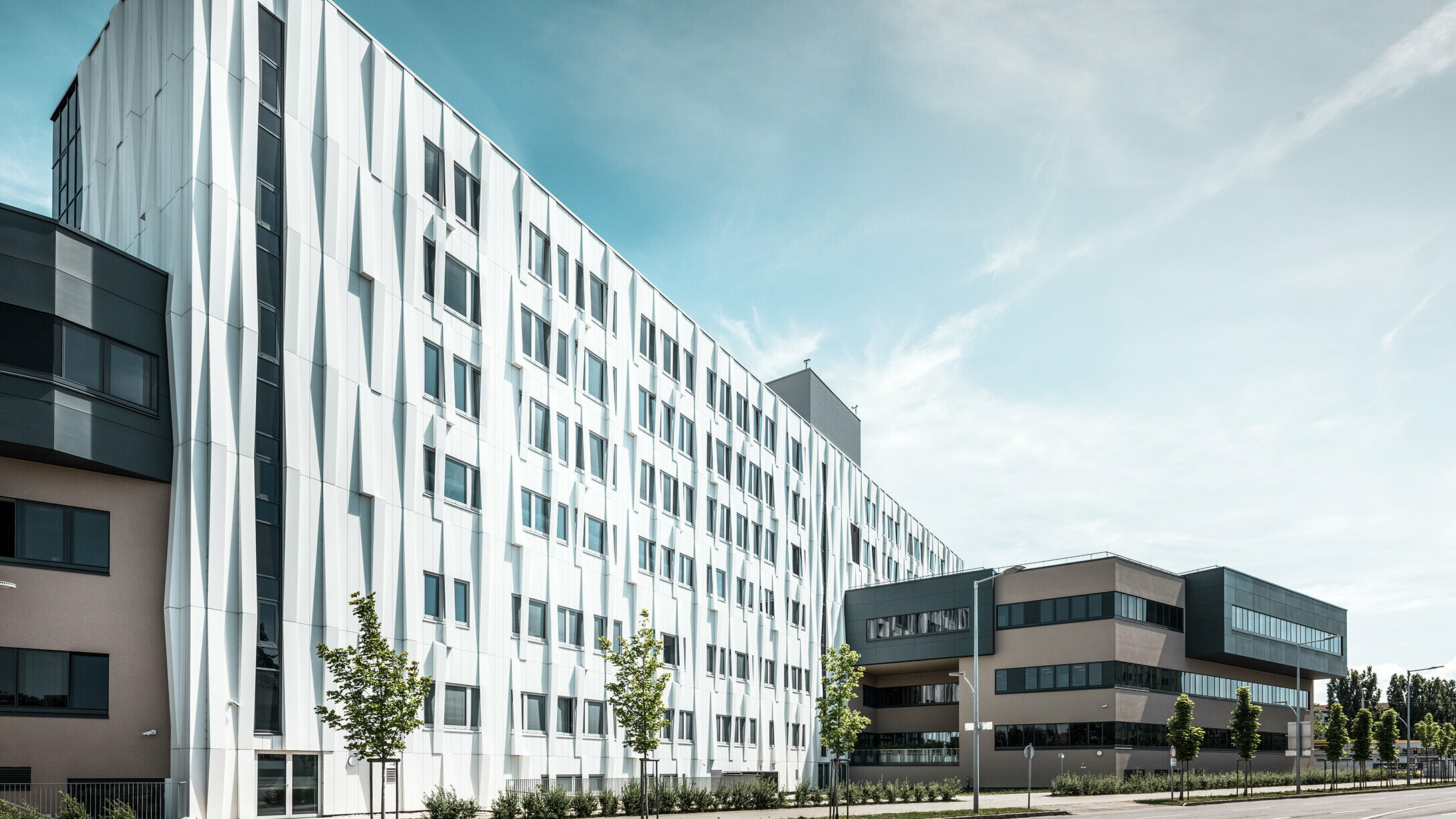 Entrée de la gare routière de Lenti ; la sous-face de la toiture est revêtue de panneaux composites en aluminium PREFABOND de PREFA en blanc pur, tandis que les éléments de façade au niveau des portes d'entrée et des vitrines sont revêtus de P.10 anthracite.