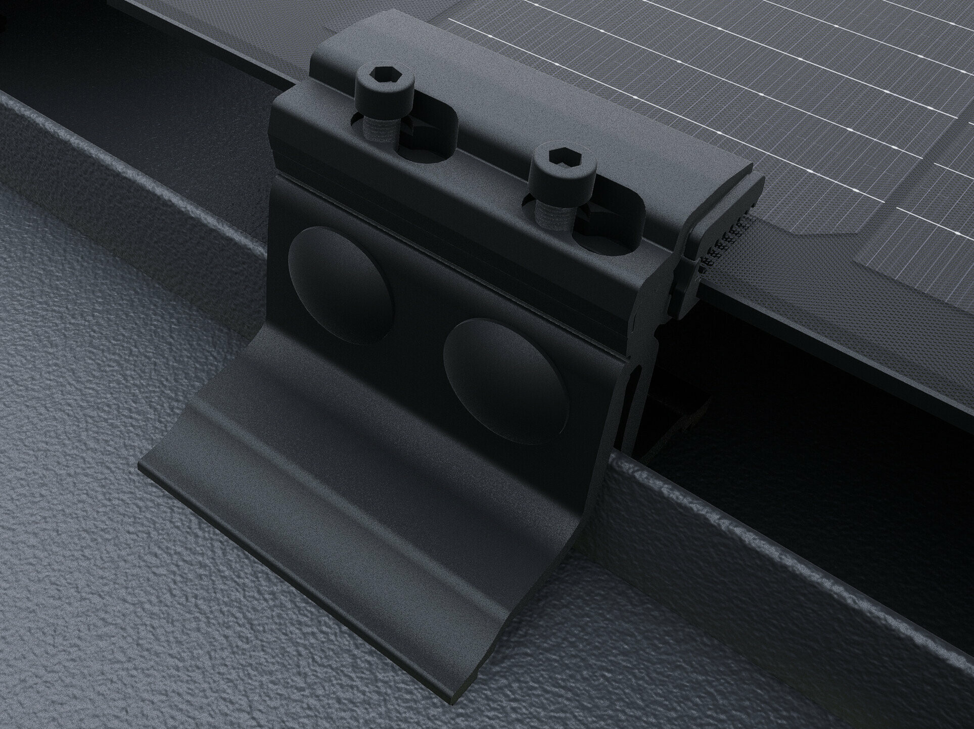 Gros plan du module solaire PREFALZ avec fixations d'extrémité en noir. Les modules sont montés sur les toitures PREFALZ, directement sur les agrafes. 