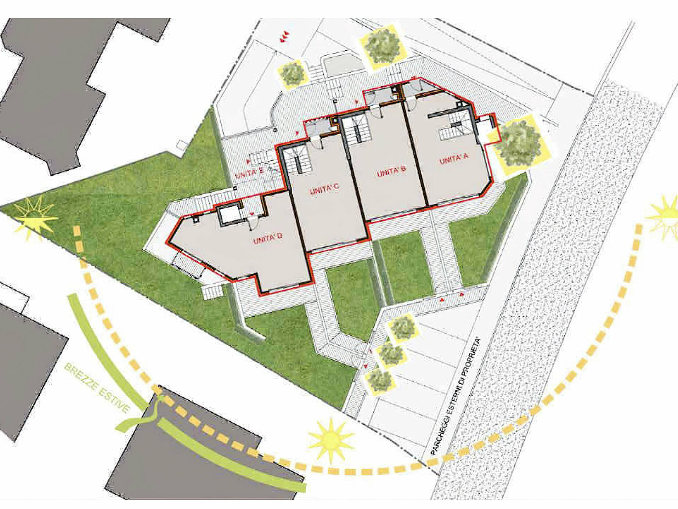 Le plan architectural vu du dessus montre la disposition de cinq logements reliés entre eux, avec des points d’accès bien identifiés. Ils sont entourés d’éléments d’aménagement paysager, de chemins piétons et d’une route. Le plan prend en compte les points cardinaux et l’ensoleillement.