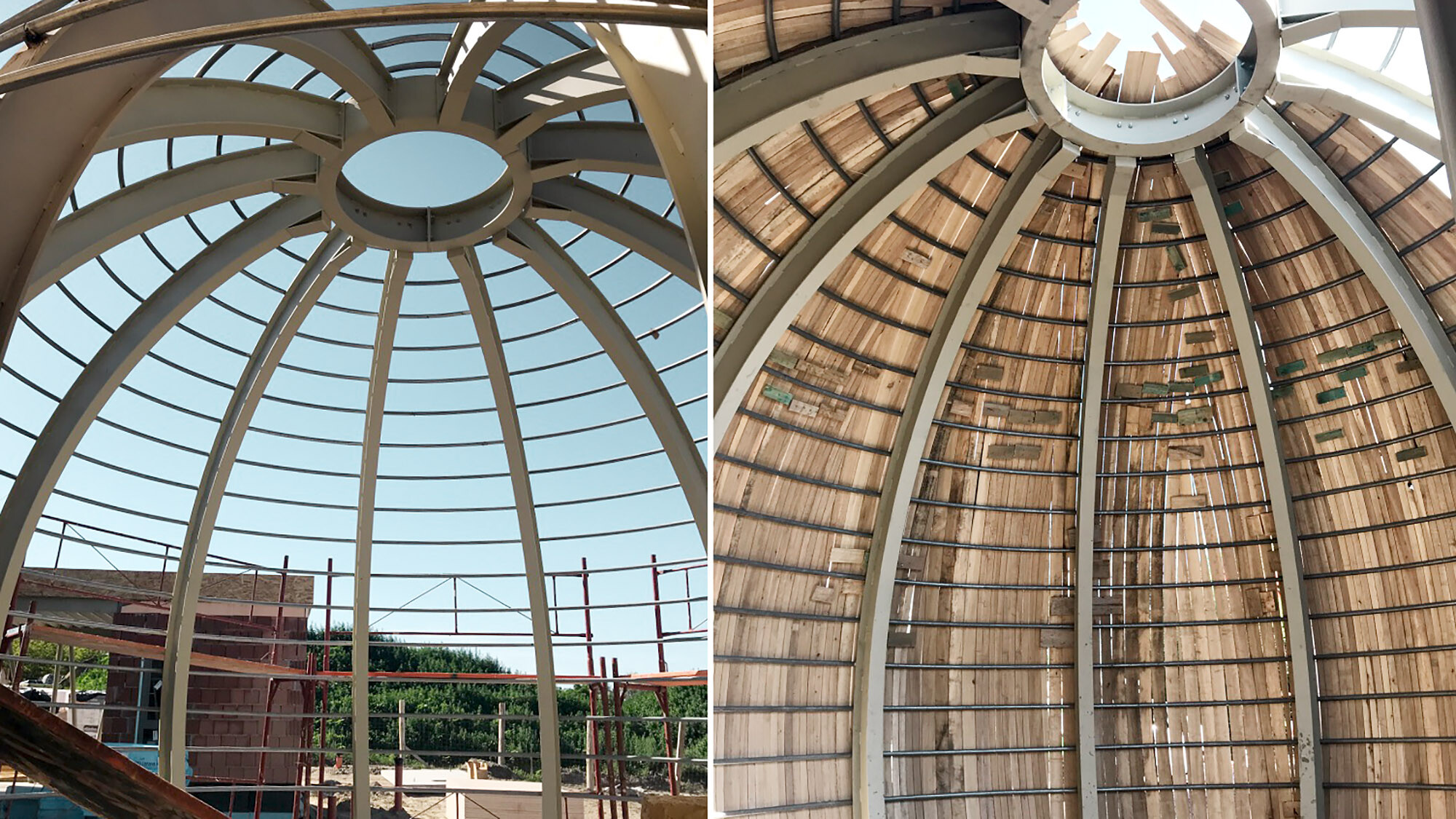 Deux photos de chantier avec vues d’intérieur de l’une des pièces rondes : à gauche la charpente métallique nue, à droite la charpente métallique habillée de bois de peuplier incurvé.