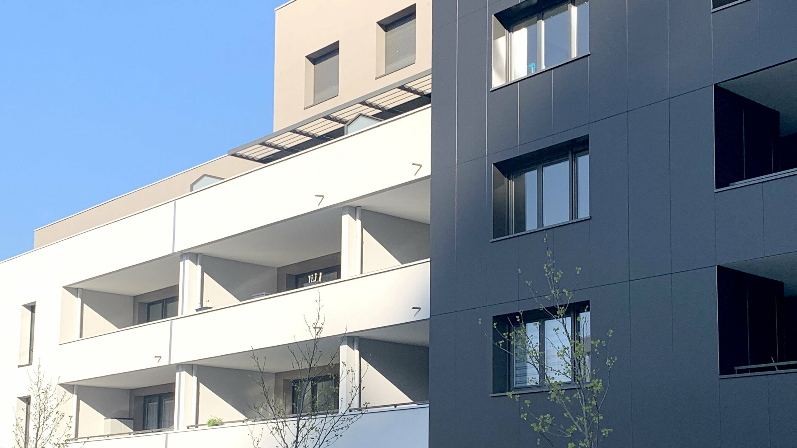 Vue d'ensemble de la résidence Ambre & Onyx recouverte de panneaux composites en aluminium PREFABOND dans la teinte gris noir. Le deuxième bâtiment est en crépis. 