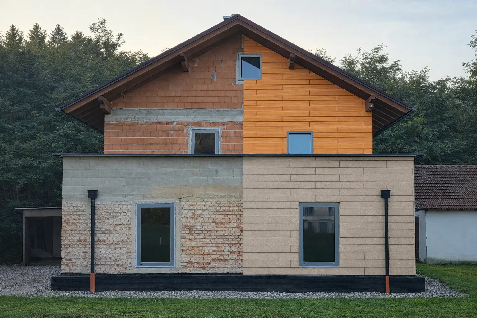 Service photo pour la rénovation de façades : Vue professionnelle avant-après d'une maison, avec différents matériaux de façade, pour une visualisation réaliste des solutions de rénovation. (image traitée par IA)