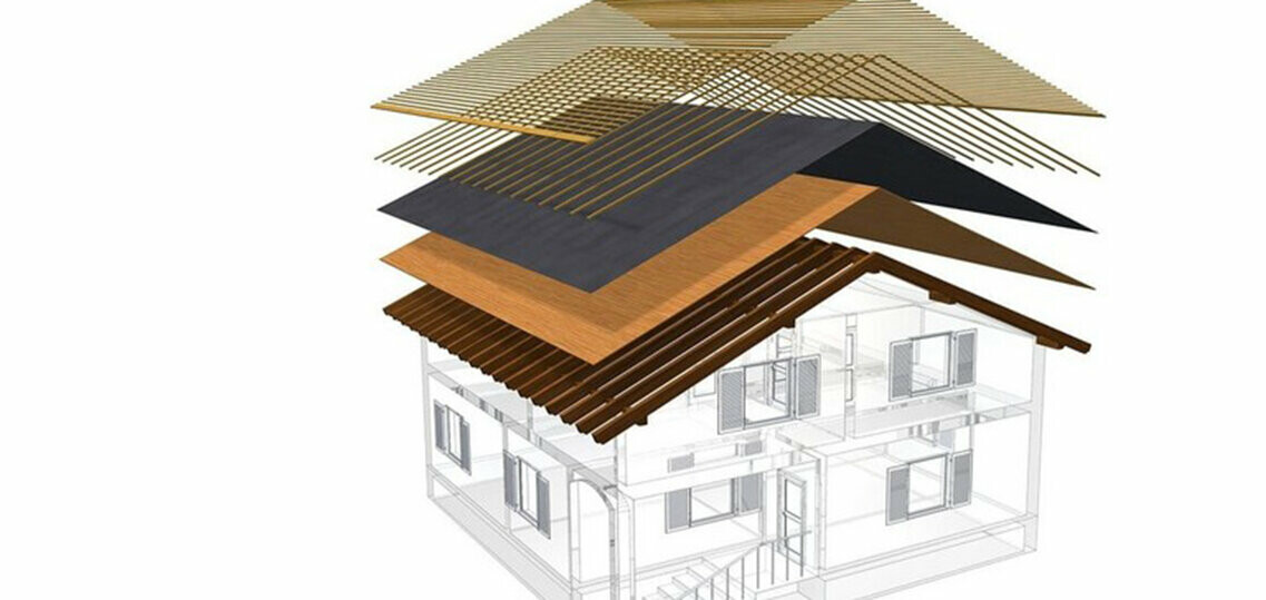 Illustration technique de la construction d’une toiture froide avec contre-lattage ; construction de toit ventilée pour tuile PREFA ; voligeage intégral, lattage, couche de séparation