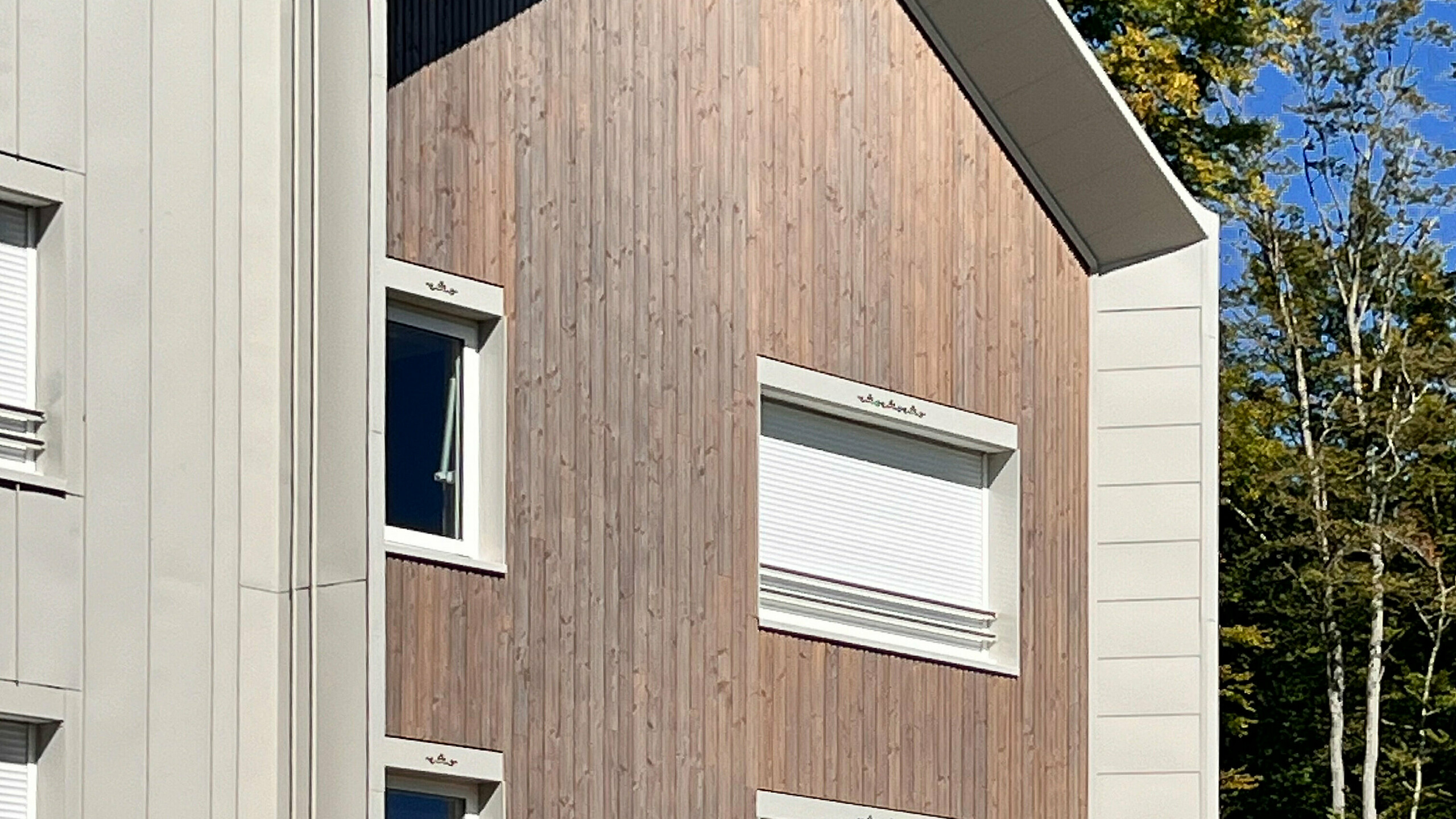 Prise de vue latérale de la résidence attenant au château des Avenières, on voit la façade en bois et la couverture en aluminium. La teinte spéciale Dune se marie à merveille.