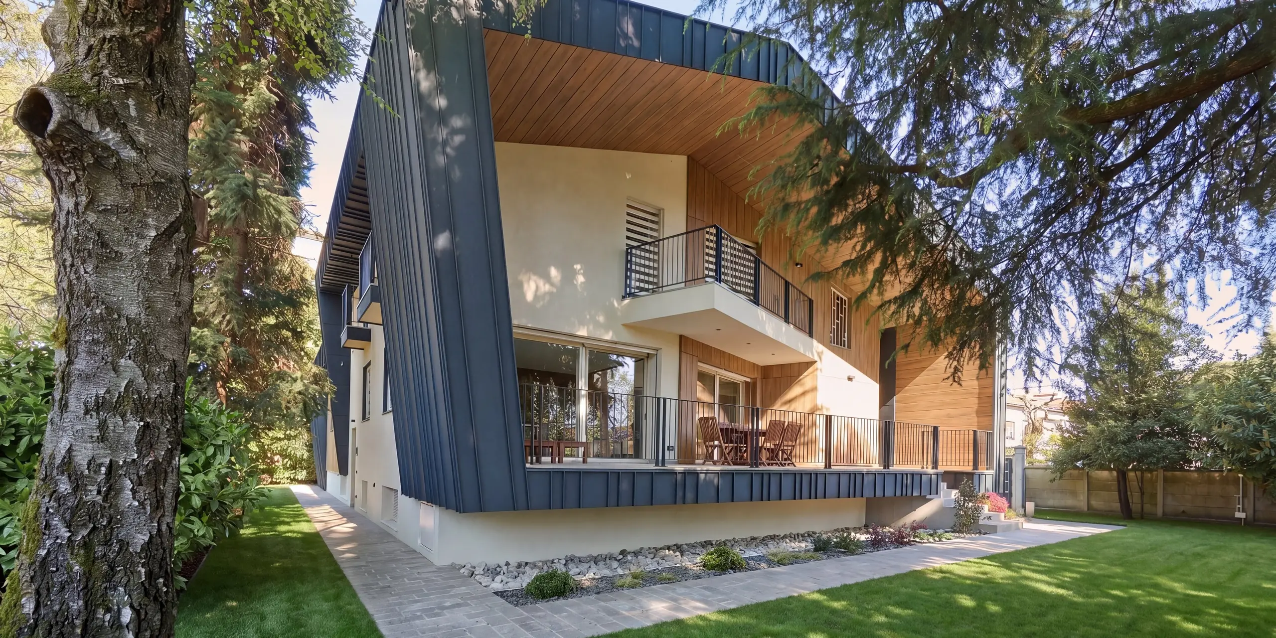 Vue en perspective du jardin de la Villa Castellanza, avec sa toiture et sa façade continues PREFALZ couleur Anthracite P.10. Les joints debout apparents, les vastes terrasses et les chaleureux accents de bois composent un langage architectural captivant. Nichée au cœur d'arbres matures, la robustesse du bardage en aluminium PREFA allie harmonieusement design moderne, haute résistance et élégance intemporelle.