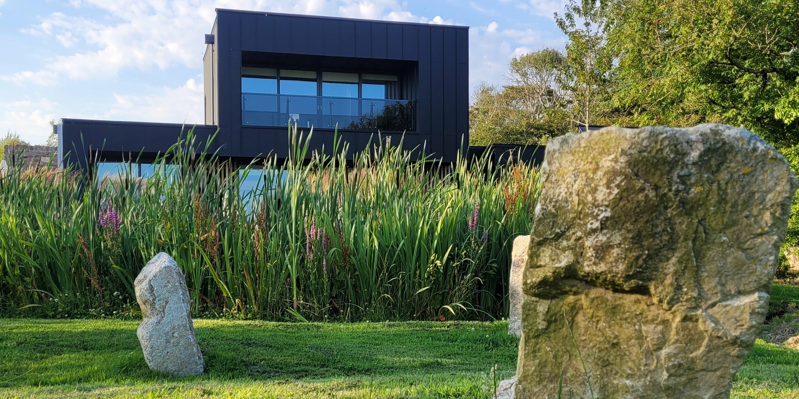 La photo présente une maison individuelle moderne à Wexford sous un angle saisissant : au premier plan, des pierres naturelles caractéristiques côtoient de hautes graminées ornementales aux fleurs violettes, créant une atmosphère vivante et inspirée par la nature. À l’arrière-plan, l’élégante façade noire PREFALZ, coloris P.10 noir, se détache nettement. Les lignes verticales et la surface en aluminium mat confèrent au bâtiment une allure résolument moderne et soulignent sa résistance aux intempéries et sa durabilité. L’harmonie entre le jardin naturel et l’architecture contemporaine est particulièrement expressive.