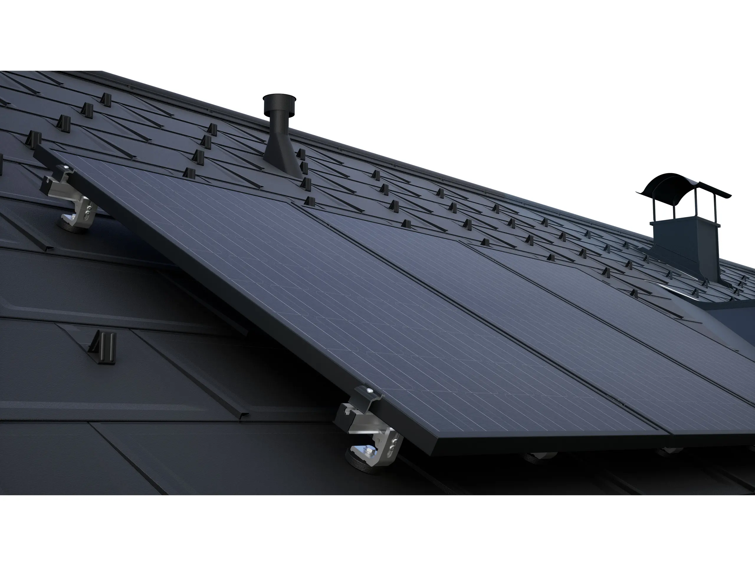 Modules photovoltaïques montés avec les accessoires PREVARIO pour panneaux solaires sur une toiture PREFA sombre avec tuiles R.16.