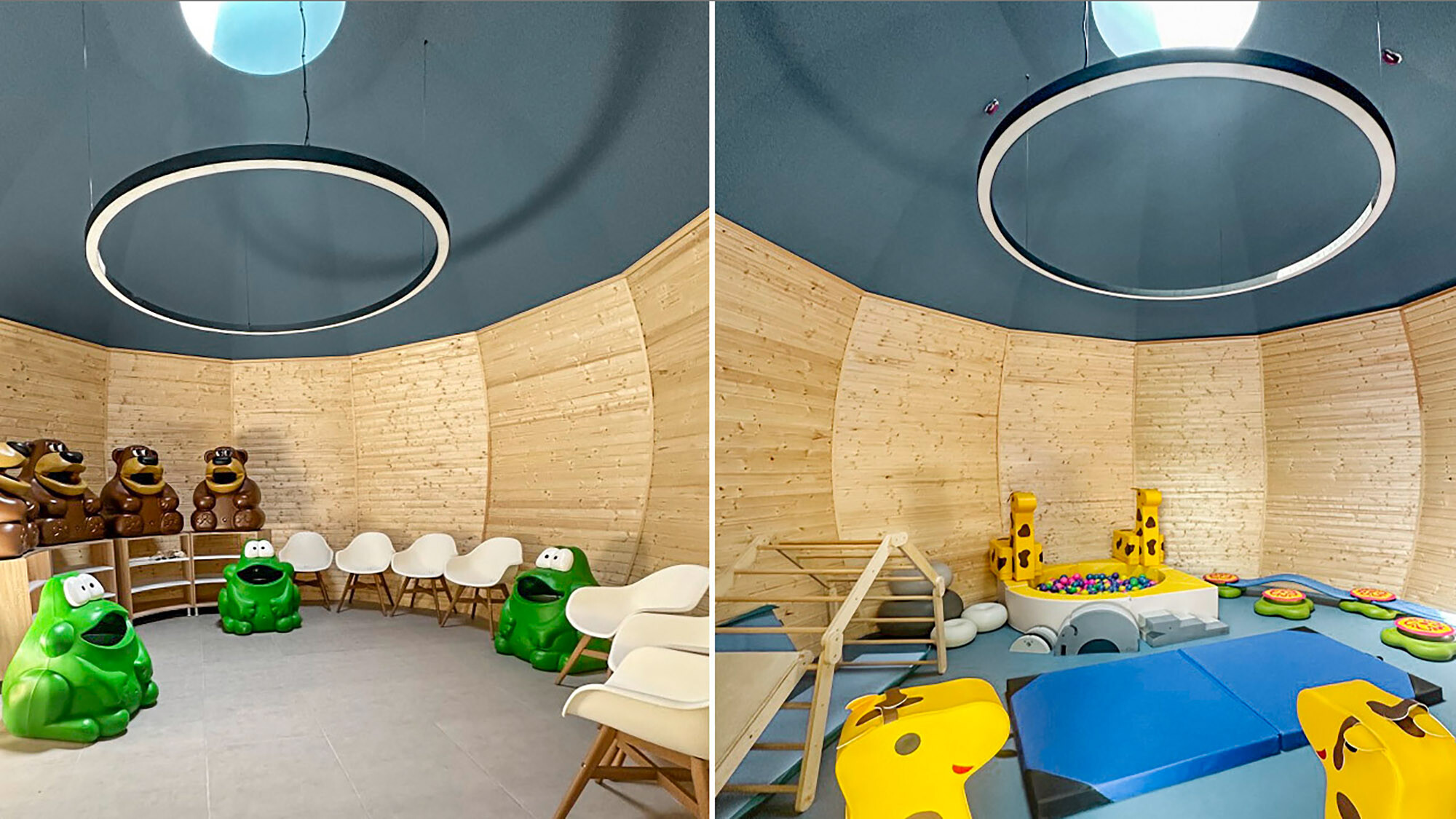 Deux vues d’intérieur après le chantier terminé : à gauche aménagé de manière ludique et joyeuse avec des sièges et des rangements, à droite avec des équipements de sport et des jouets.