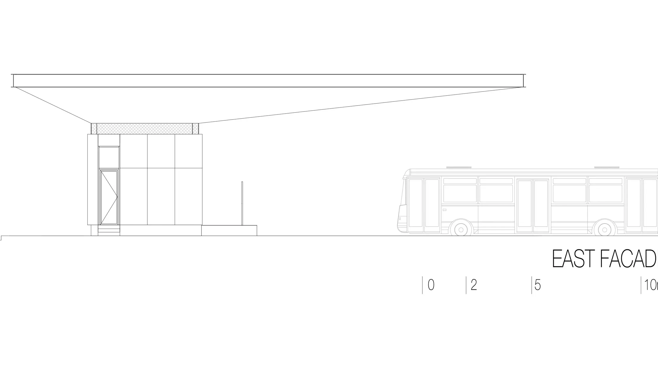 Cette esquisse montre la vue est du hall de la gare routière « Autobusni Kolodvor Slavonski Brod » en Croatie. Cette illustration met en évidence la structure élancée et horizontale du toit Prefalz blanc de PREFA, qui s'étire sur toute la longueur du bâtiment. Le toit abrite un corps de bâtiment rectangulaire aux lignes épurées avec de grandes surfaces vitrées. Un bus, à droite de l'esquisse, montre les proportions du hall de gare à l'échelle d'un véhicule. La vue est met en valeur l'architecture moderne et fonctionnelle du hall de gare, auquel le verre et de l'aluminium confèrent une atmosphère lumineuse et accueillante.
