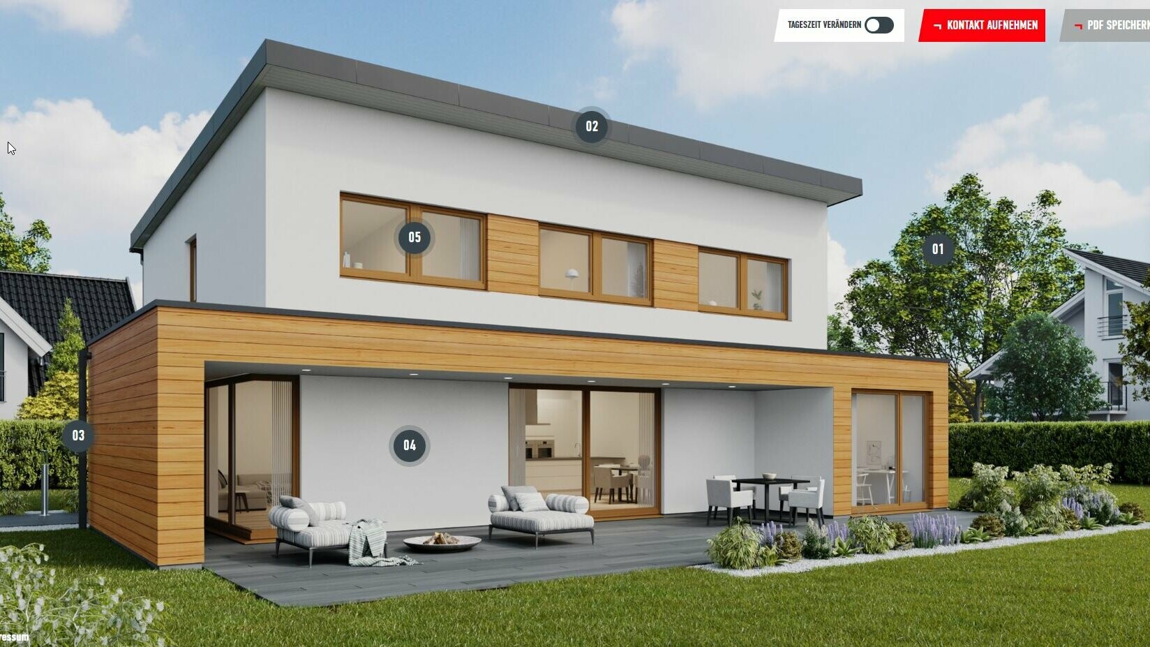Exemple de fenêtre de configuration d’une maison individuelle dotée d’un toit monopente dans la couleur P.10 noir, avec éléments en bois sur la façade. La maison se trouve dans une zone d’habitation en banlieue.