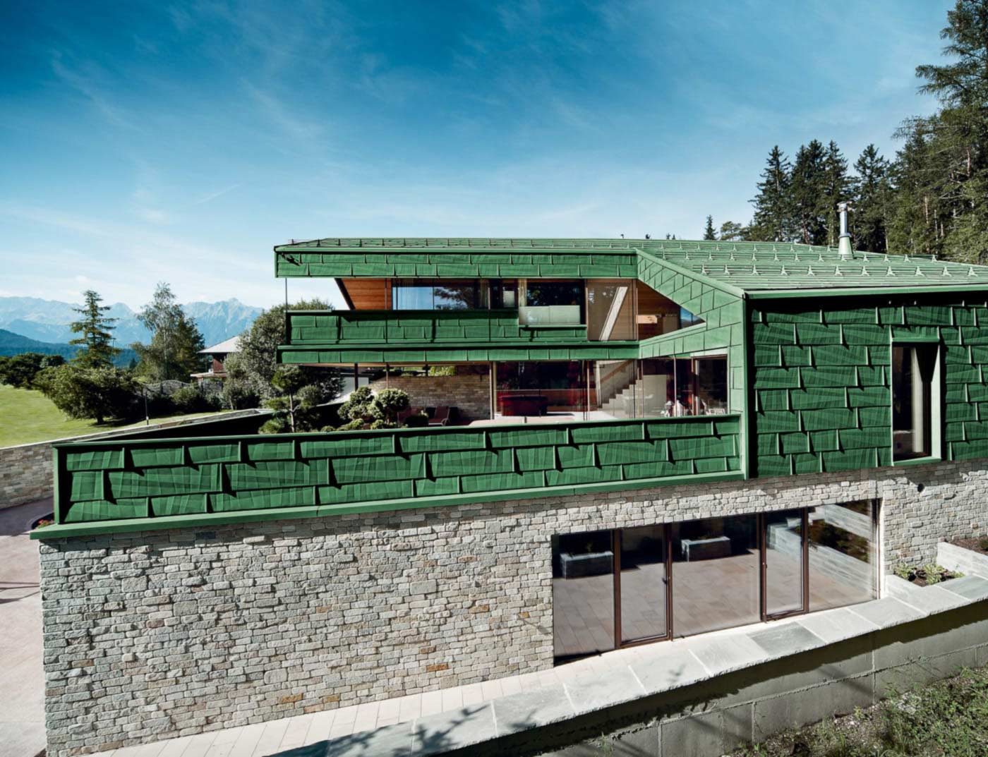 Bâtiments de référence PREFA Systèmes de façades Panneau de façade FX.12 06 P.10 vert mousse